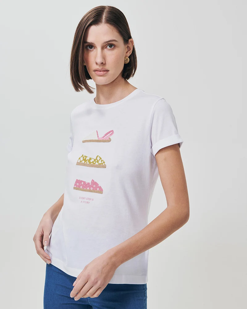 T-Shirt Manica Corta con Stampa - Bianco