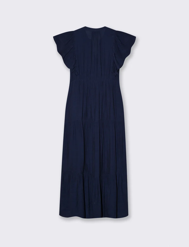 Vestito lungo con scollo a V e balze - Blu