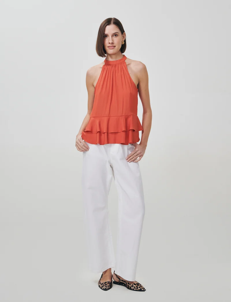 Top smanicato con doppia balza al fondo - Arancio
