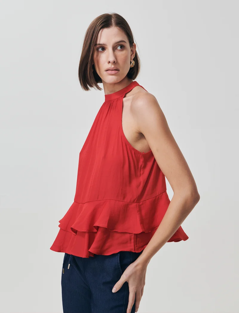 Top smanicato con doppia balza al fondo - Rosso