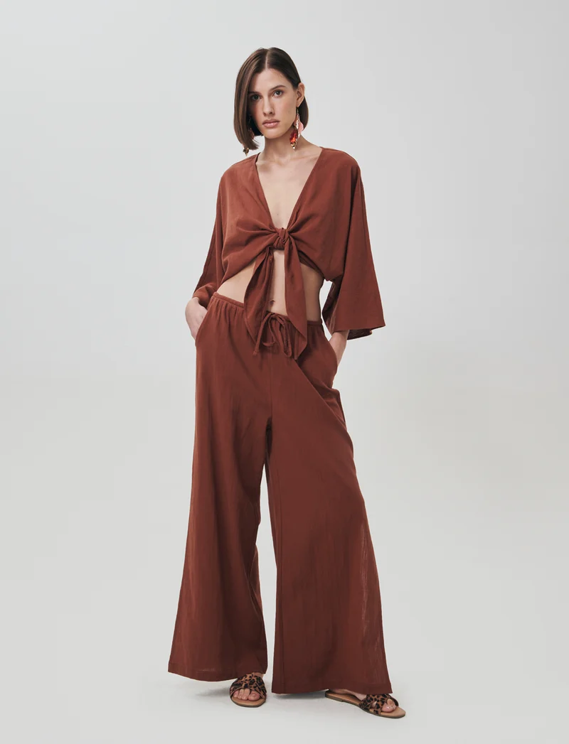 Pantalone Gamba Larga con Spacchi Laterali - Cognac