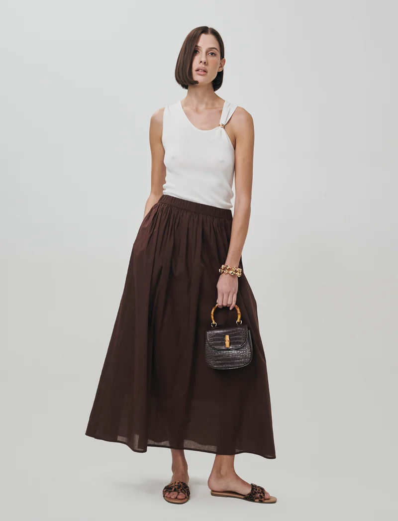 Gonna lunga in cotone con vita arricciata - Marrone cioccolato