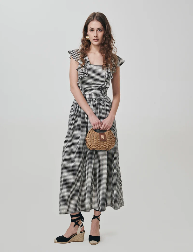Gonna lunga in stampa Vichy con tasche - Nero