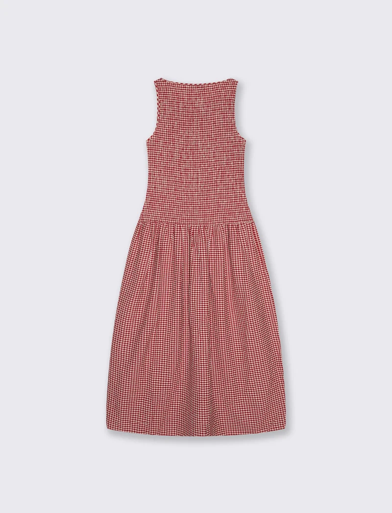 Vestito Smanicato in Stampa Vichy - Rosso