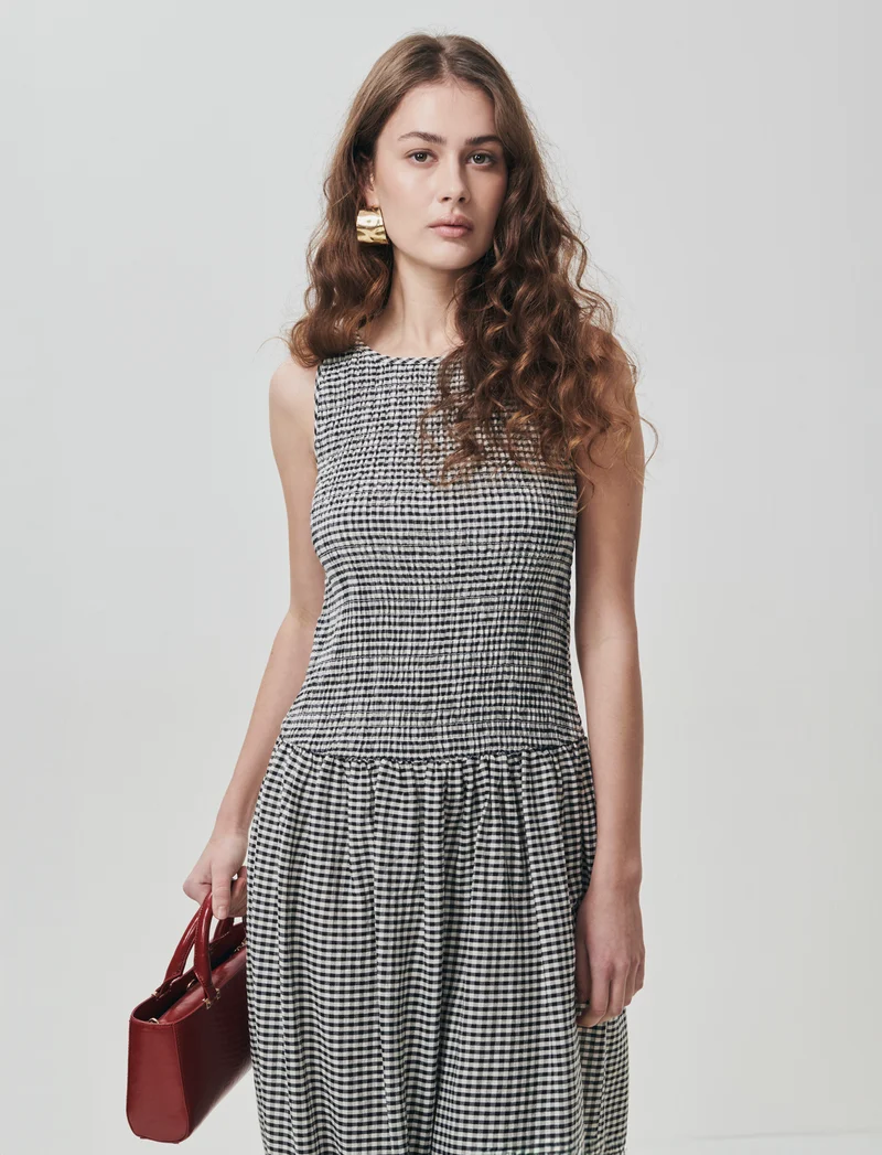 Vestito Smanicato in Stampa Vichy - Nero