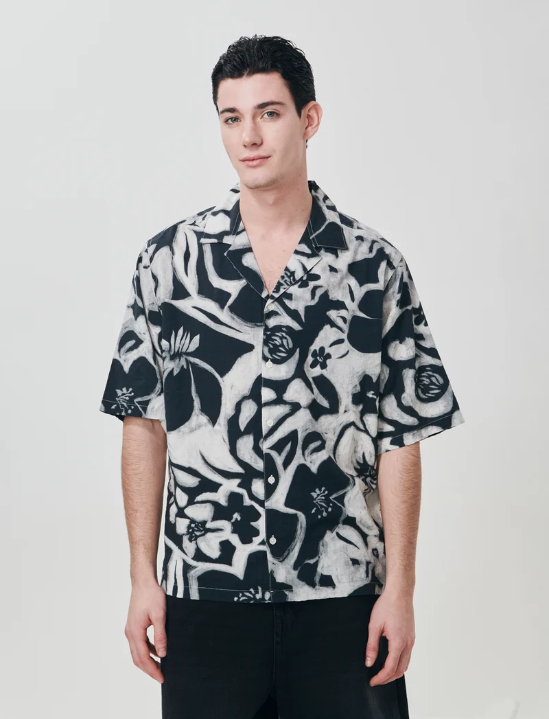 Camicia boxy fit in misto cotone slub - Nero
