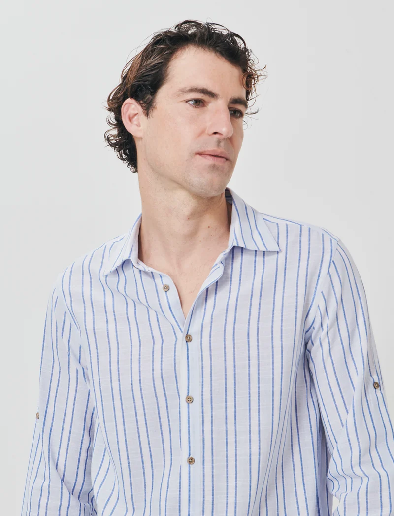 Camicia a righe regular fit in cotone - Celeste polvere