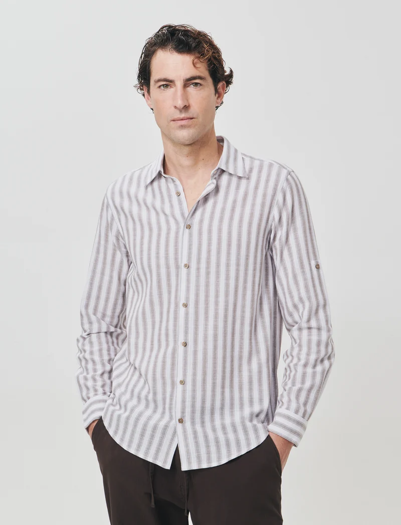 Camicia a righe regular fit in cotone - Verde kaki
