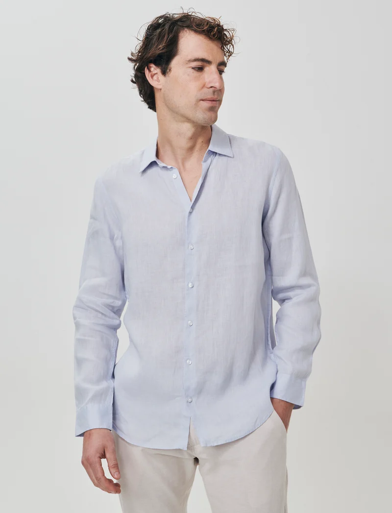 Camicia in lino leggero con collo francese - Celeste polvere