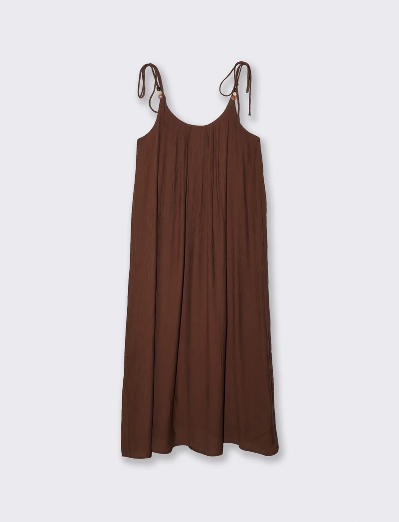 Vestito lungo leggero con pieghe e fiocco - Marrone cioccolato