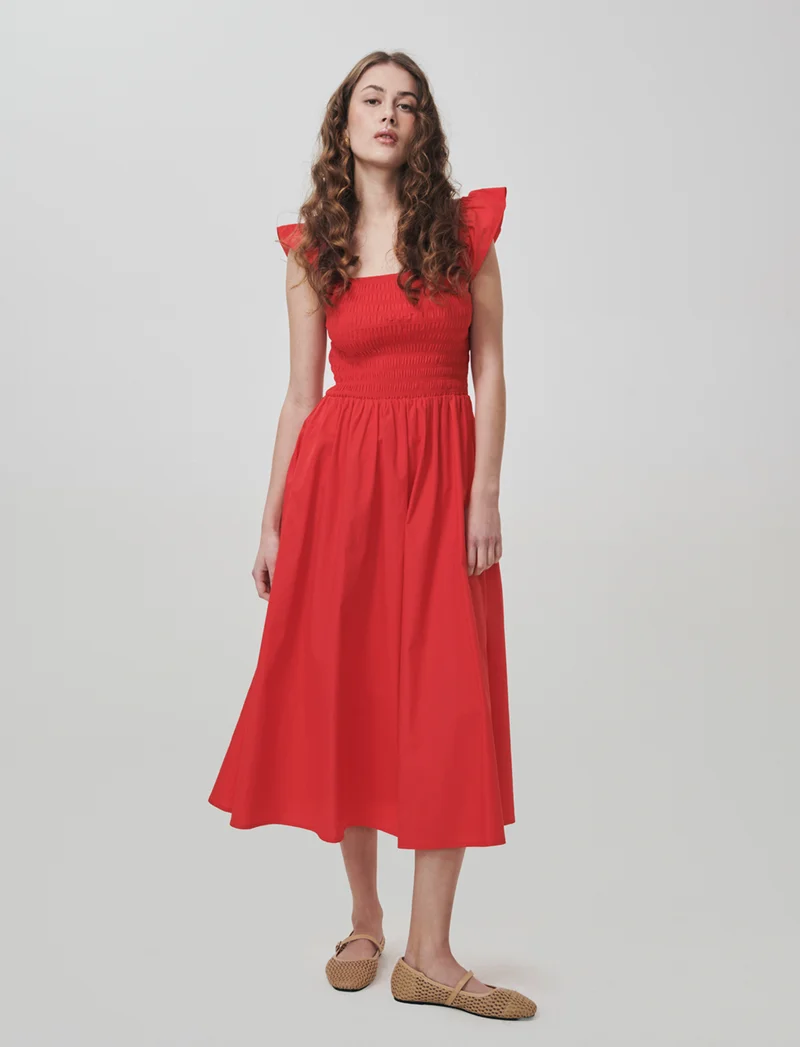 Abito lungo con busto smock e volant - Corallo