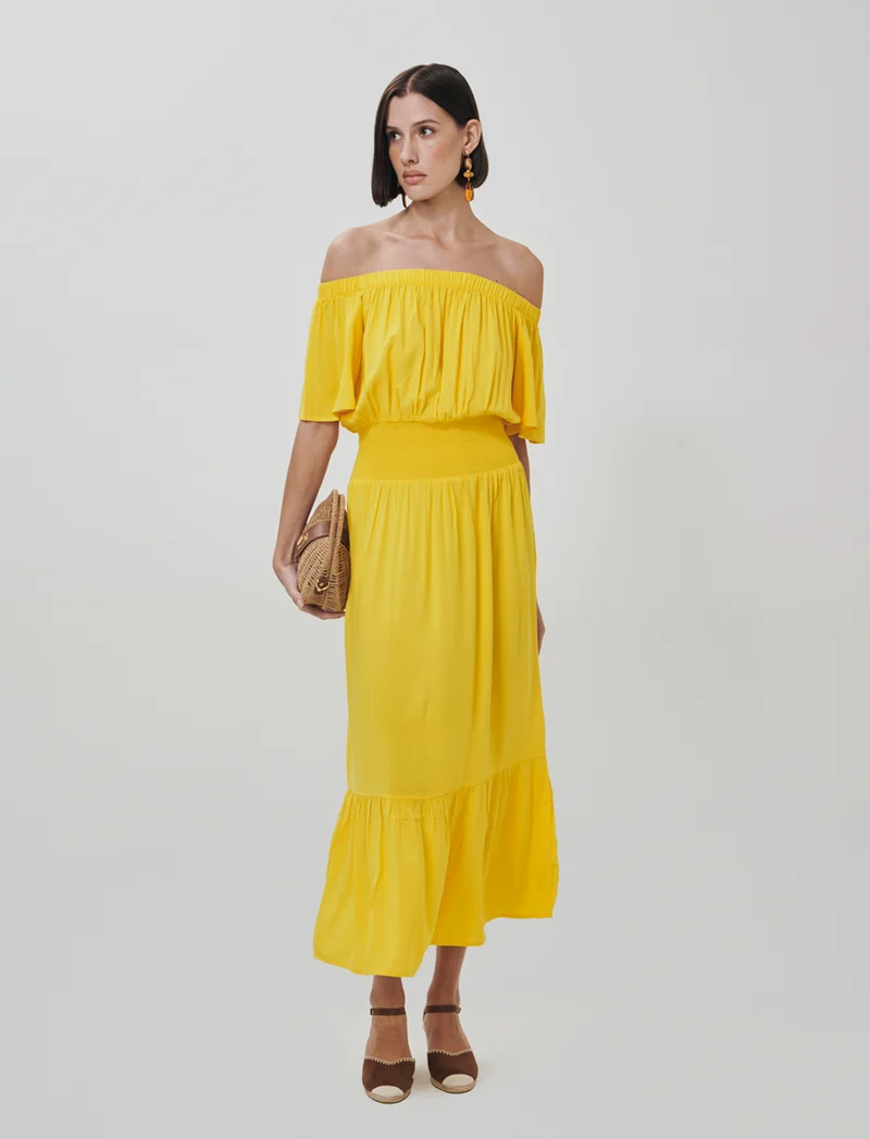 Vestito lungo off shoulder con arricciature - Giallo limone