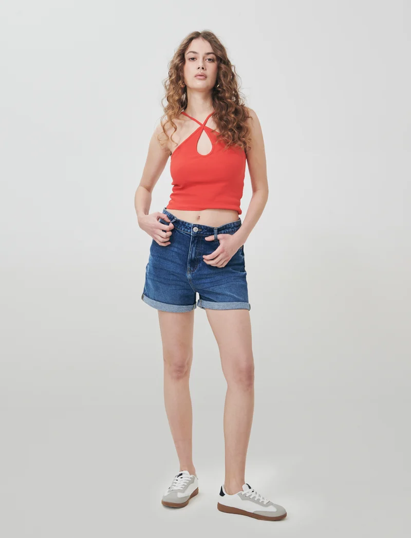 Short vita con bottoni e risvolto - DENIM SCURO