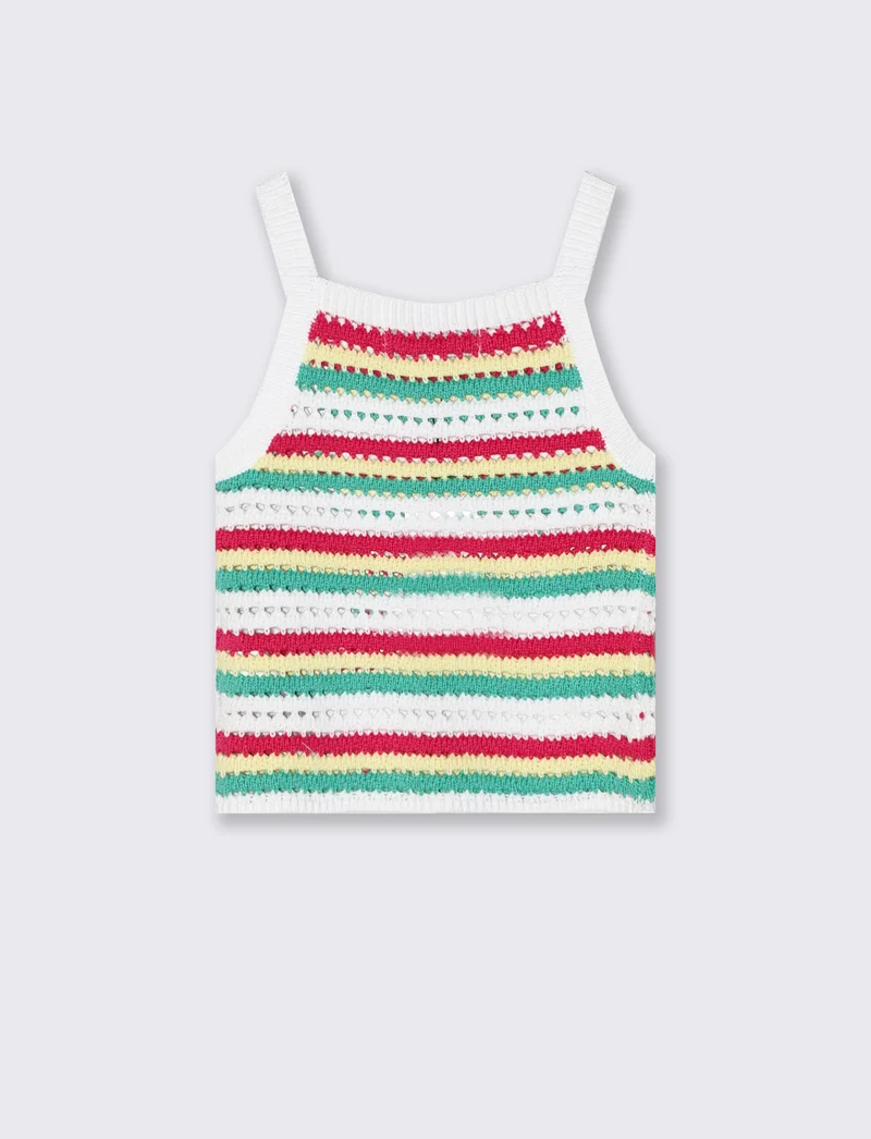 Top a righe con ricami in crochet - Multicolore