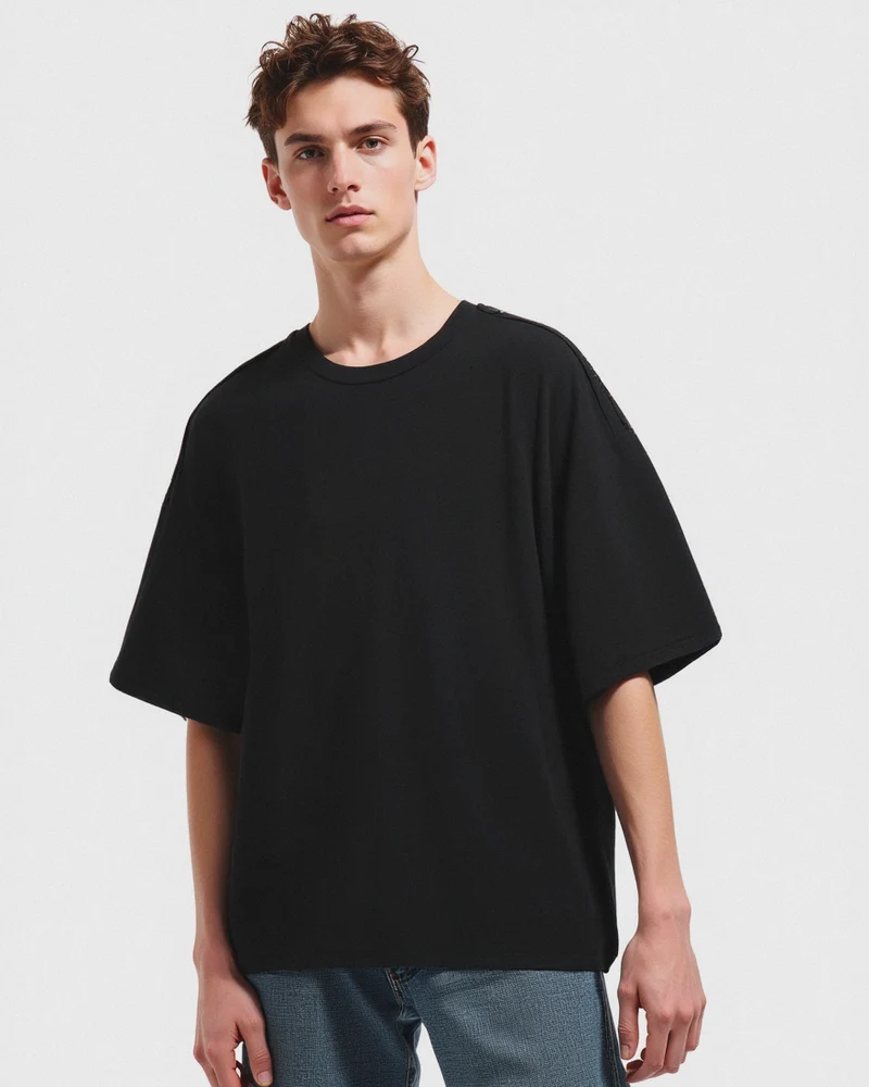 T-shirt boxy fit in cotone girocollo - Nero
