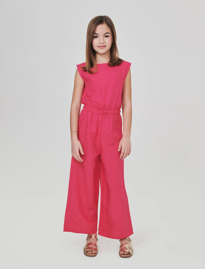 Salopette lunga in misto lino con vita elastica - Fuxia