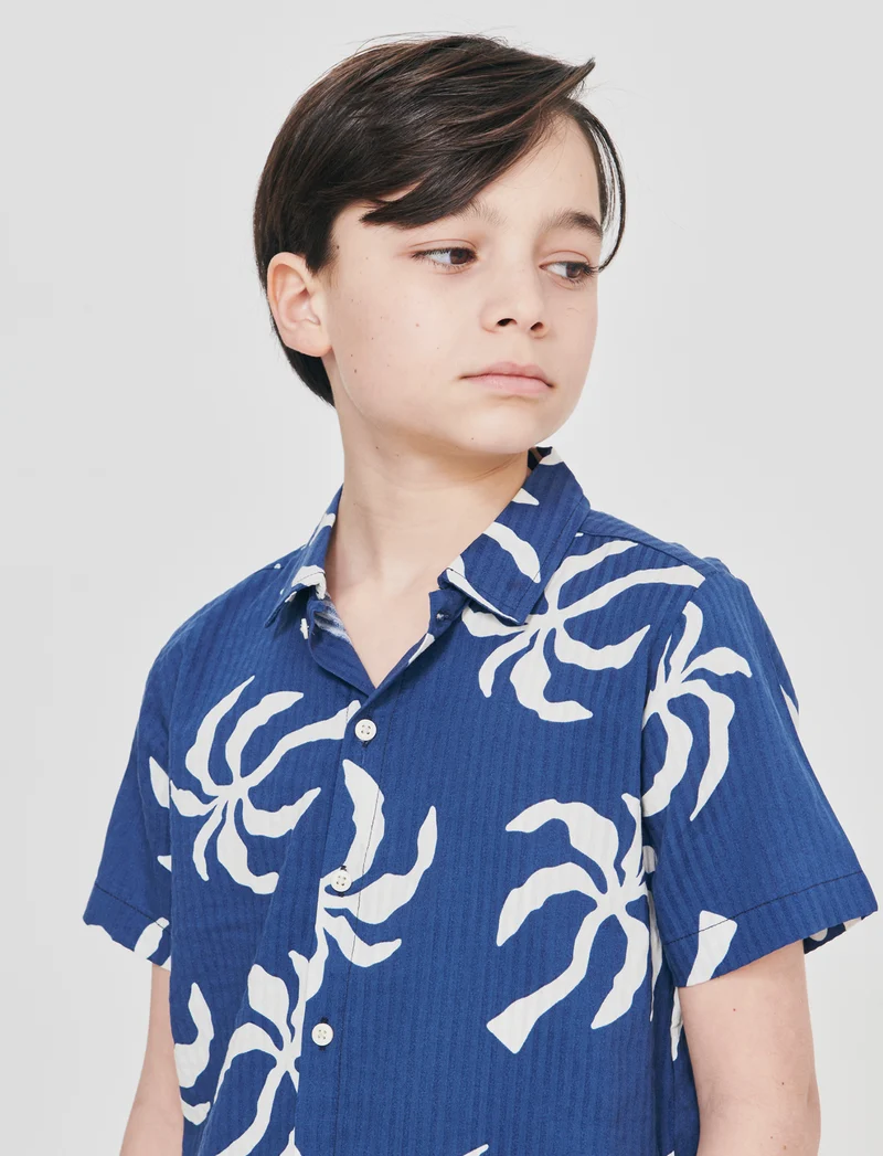 Camicia in cotone a mezza manica stampata - Blu