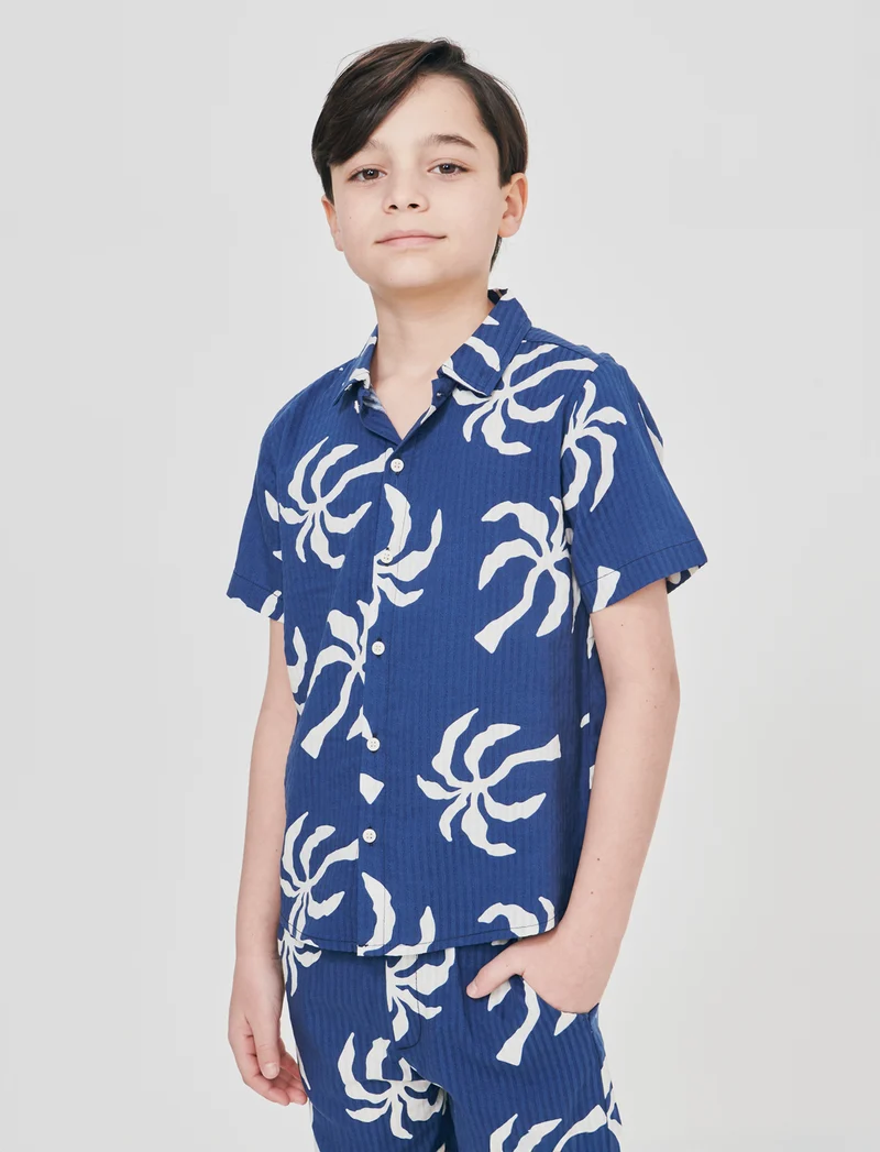 Camicia in cotone a mezza manica stampata - Blu