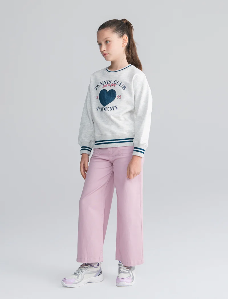 Felpa girocollo con patch denim per bimba - Grigio mel.