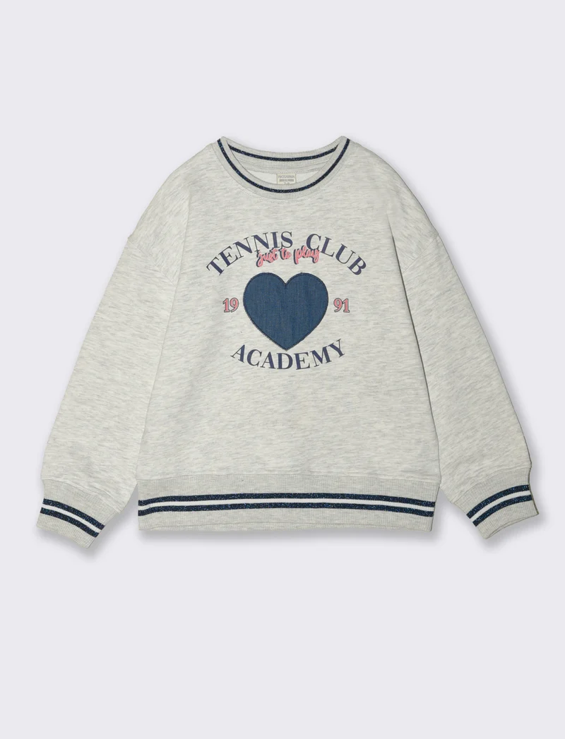 Felpa girocollo con patch denim per bimba - Grigio mel.