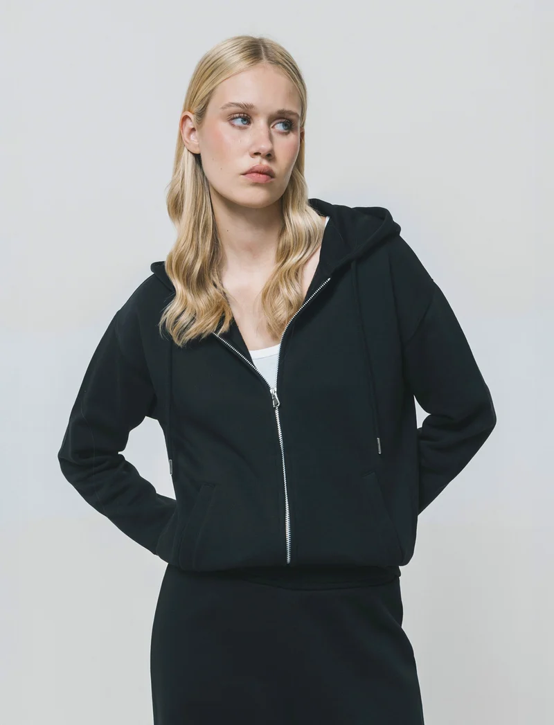 Felpa con cappuccio e zip lunga - Nero