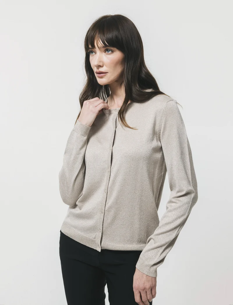 Cardigan Manica Lunga Effetto Metallico - Beige grano