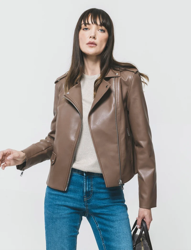 Giubbotto Biker in Tessuto Pelle - Marrone