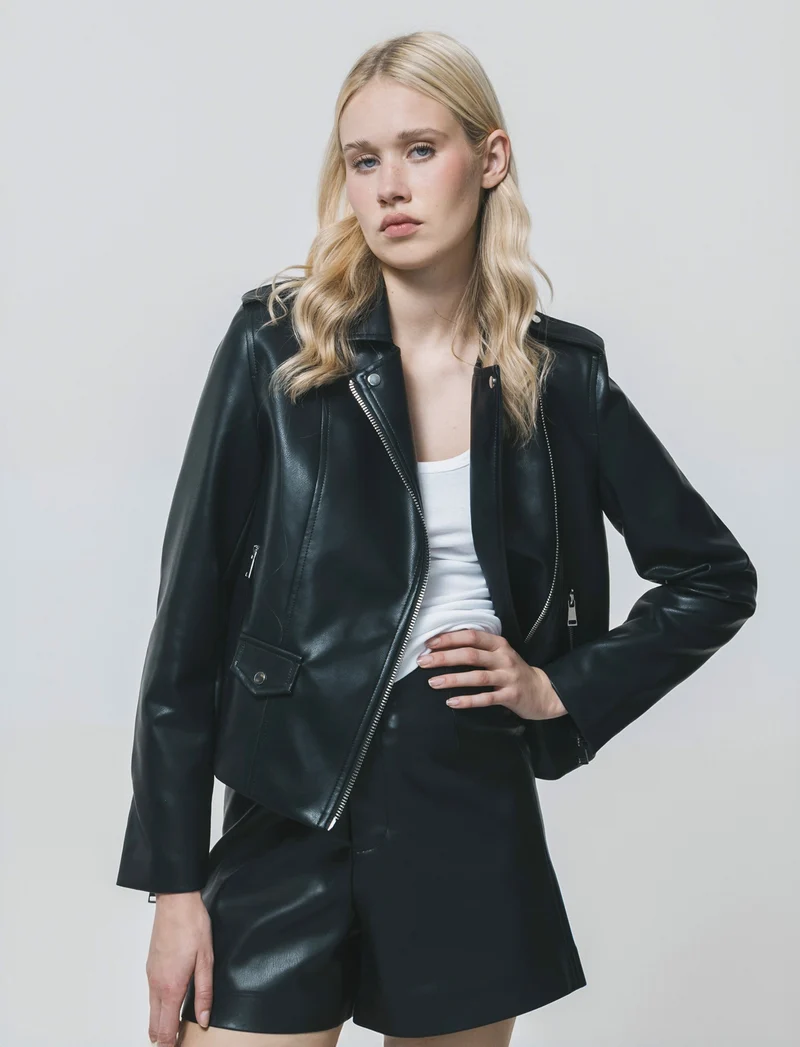 Giubbotto Biker in Tessuto Pelle - Nero