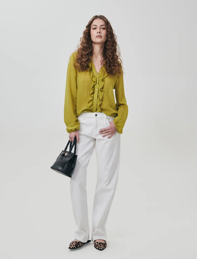 Camicia con Rouches e Collo Coreano - Verde pistacchio