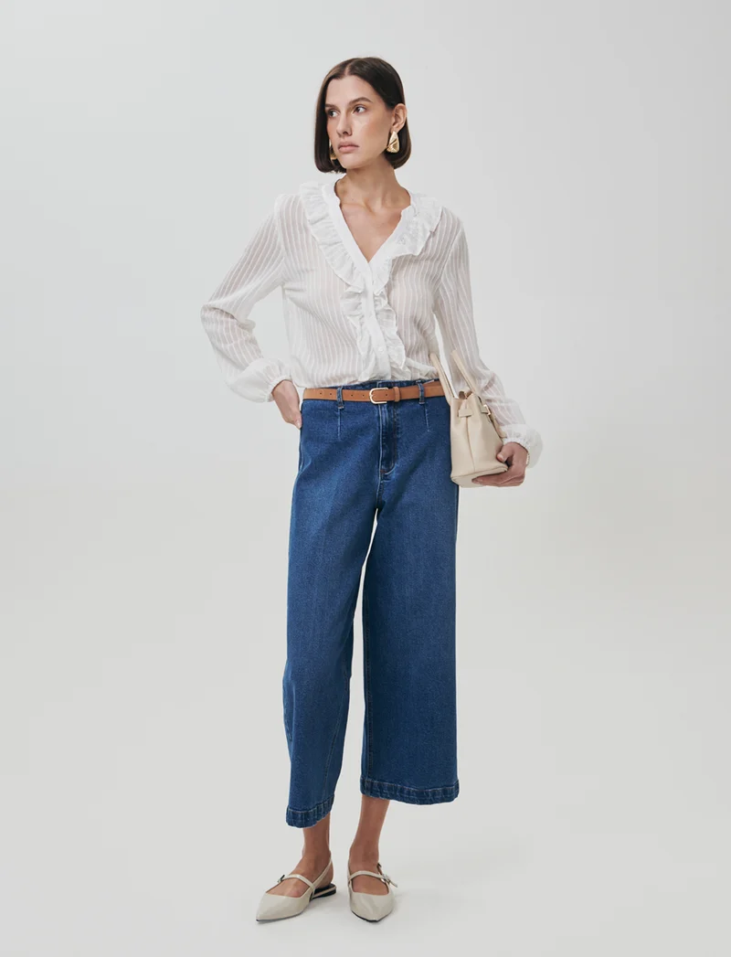 Camicia con Rouches e Collo Coreano - Avorio