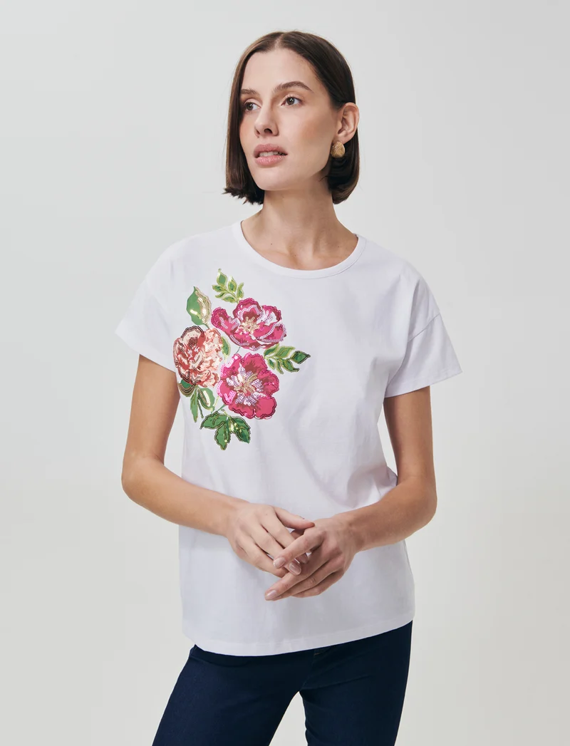 T-Shirt Manica Corta con Stampa e Paillettes - var 1