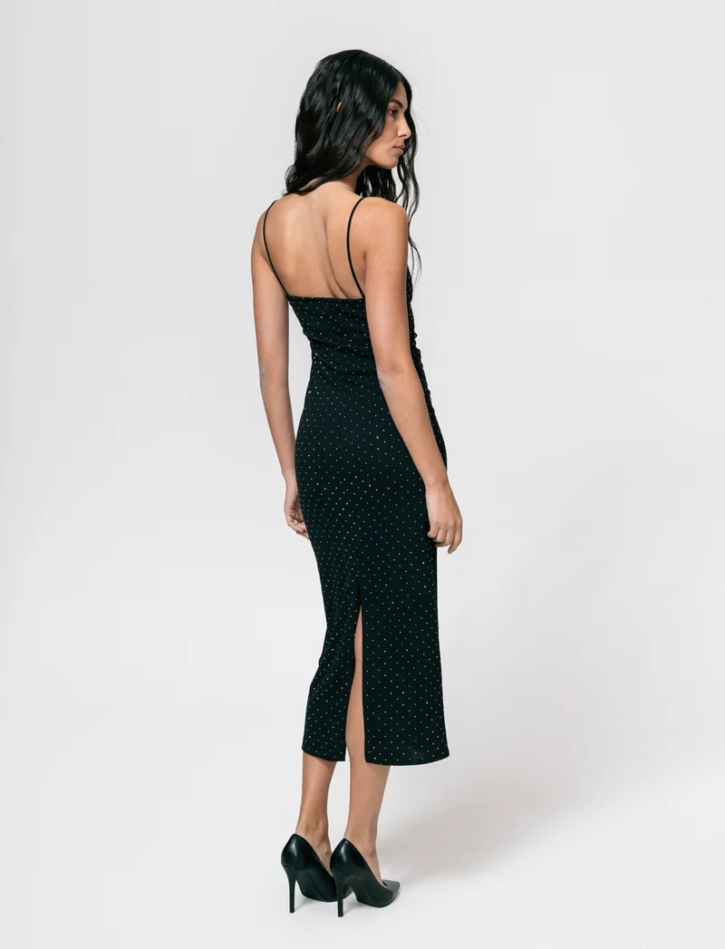 Vestito lungo con bretelline in tessuto con strass - Nero