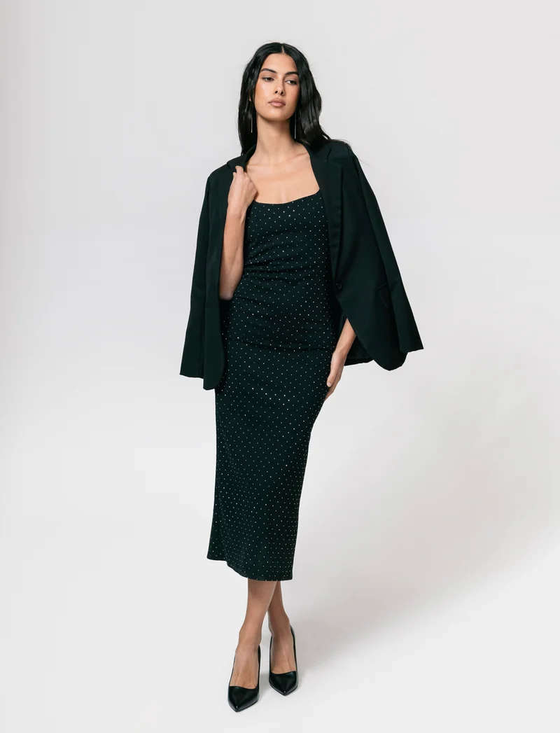Vestito lungo con bretelline in tessuto con strass - Nero