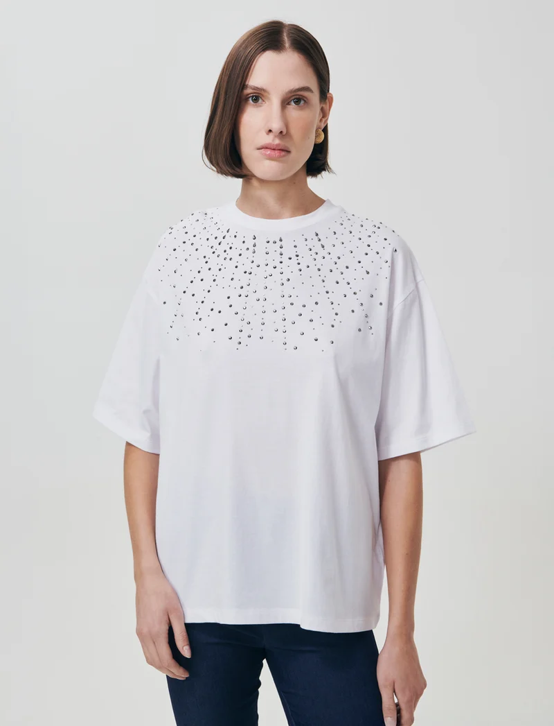 T-Shirt Manica Corta con Strass - Bianco