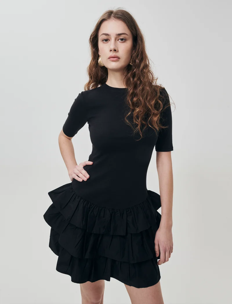 Vestito Corto Mezza Manica con Balze - Nero