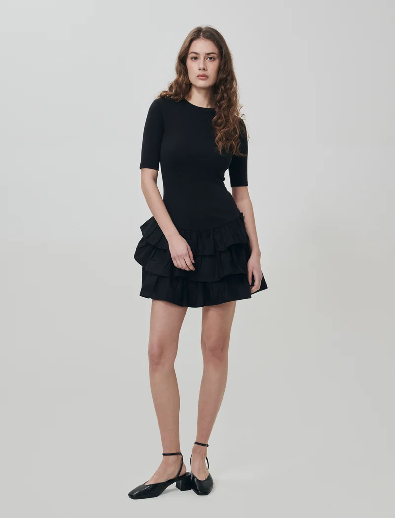 Vestito Corto Mezza Manica con Balze - Nero