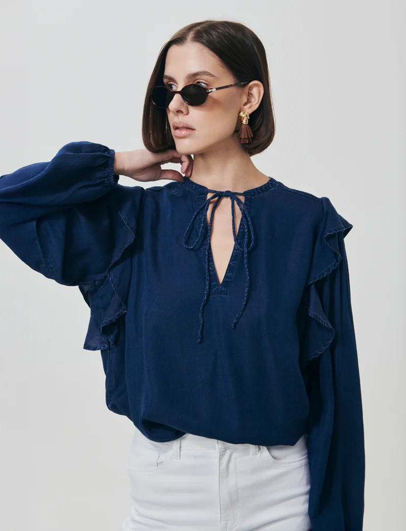 Blusa Manica Lunga con Scollo a V e Rouches - DENIM SCURO
