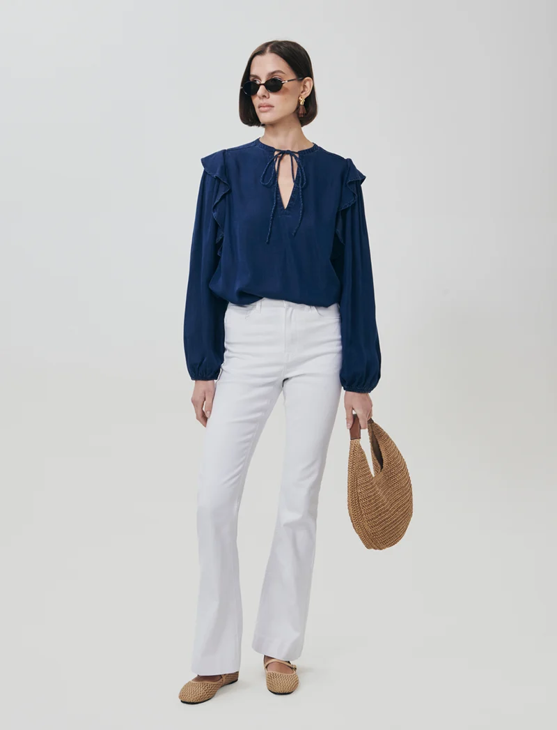 Blusa Manica Lunga con Scollo a V e Rouches - DENIM SCURO