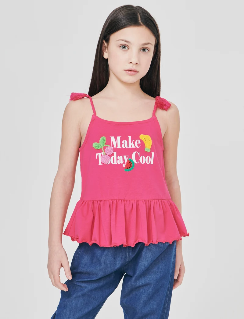 Top in cotone con bretelle e patch 3D - Fuxia