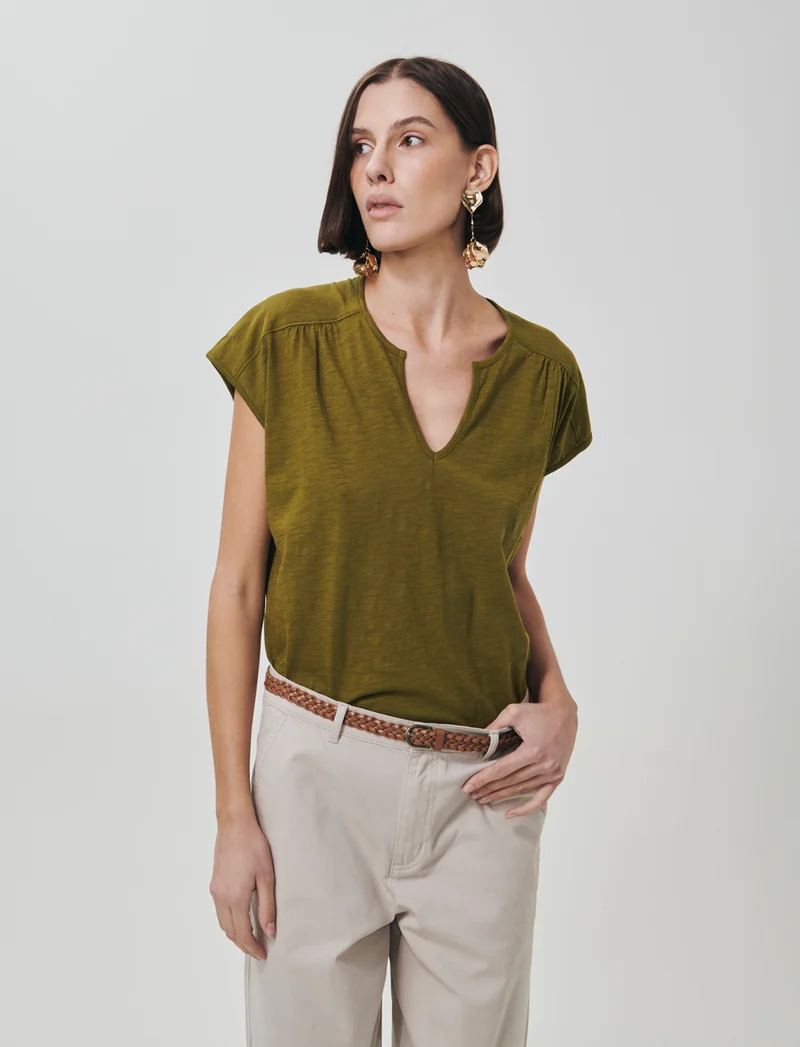 T-Shirt Mezza Manica Scollo Serafino - Verde abete