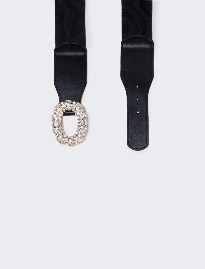 Cintura elastica con fibbia strass - Nero