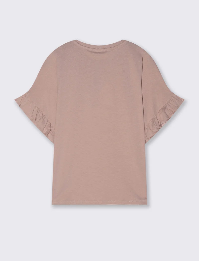 T-Shirt Girocollo Mezza Manica con Ruches - Rosa antico