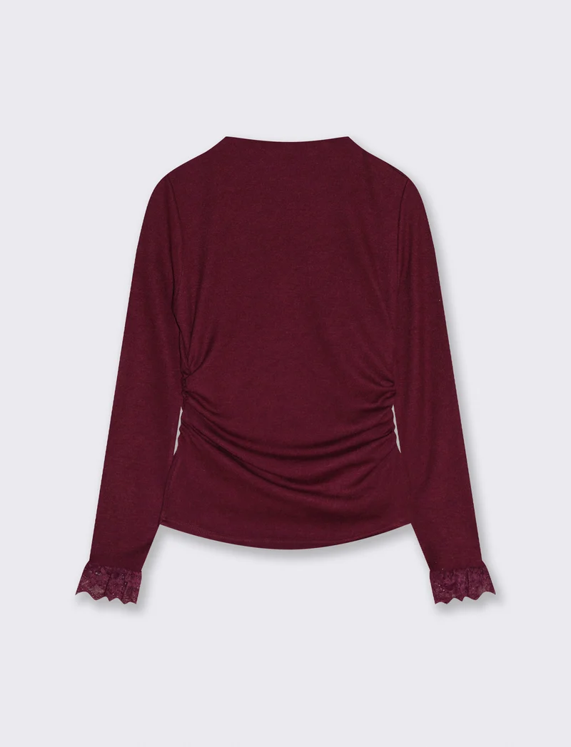 Tshirt manica lunga con pizzo a fondo manica - Bordeaux