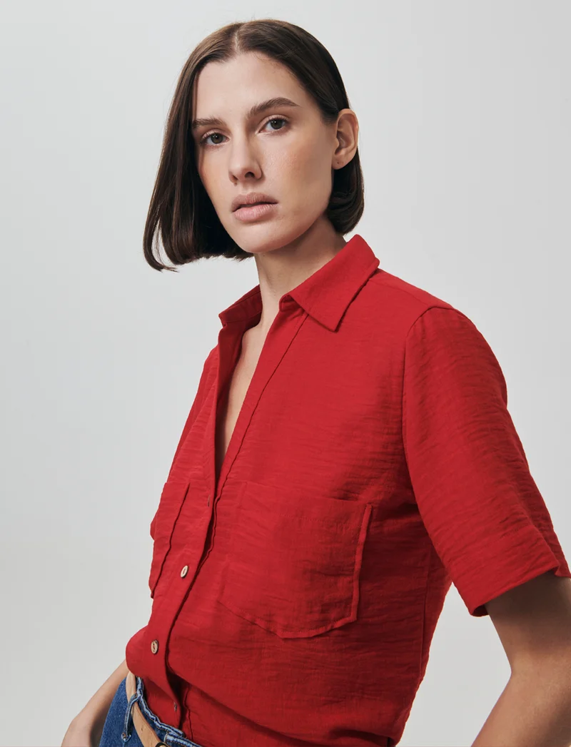 Camicia Manica Corta con Tasche a Toppa - Rosso