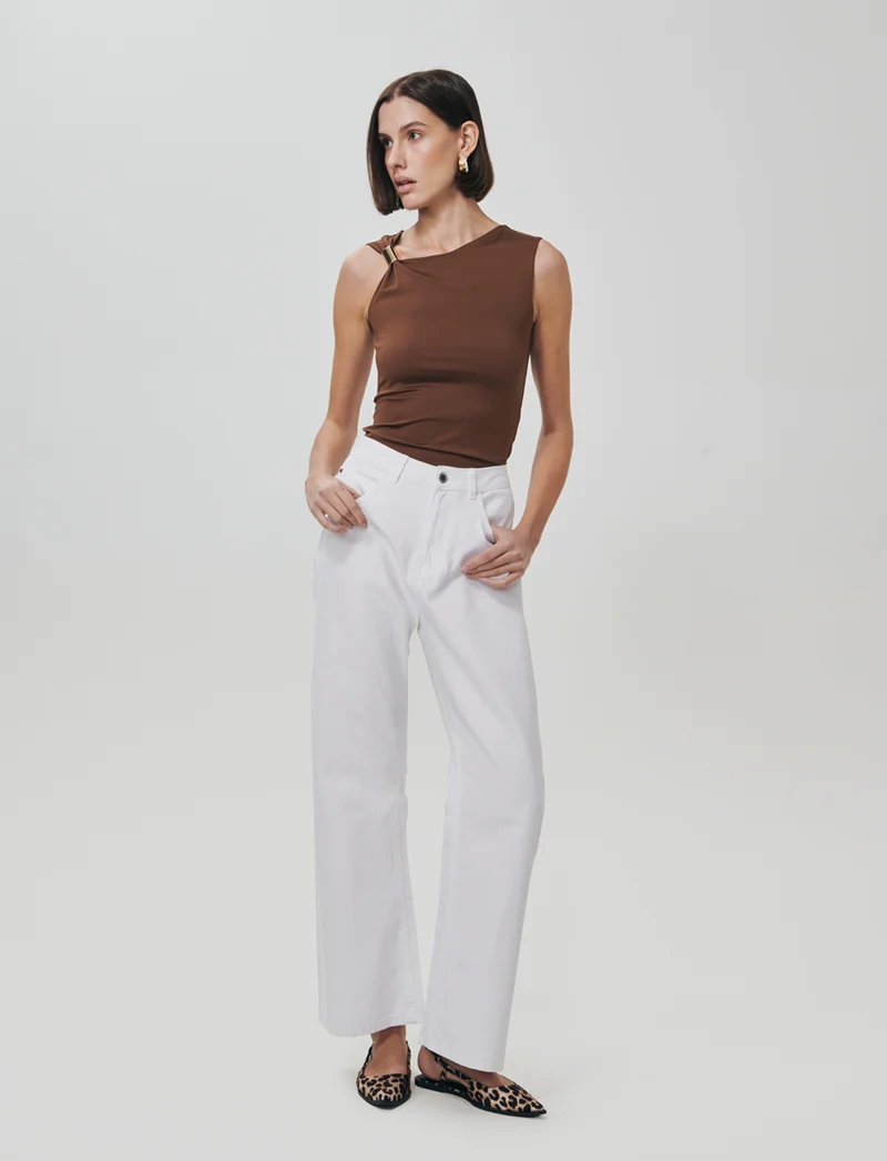 Jeans Gamba Larga con Vita Regolabile - Bianco