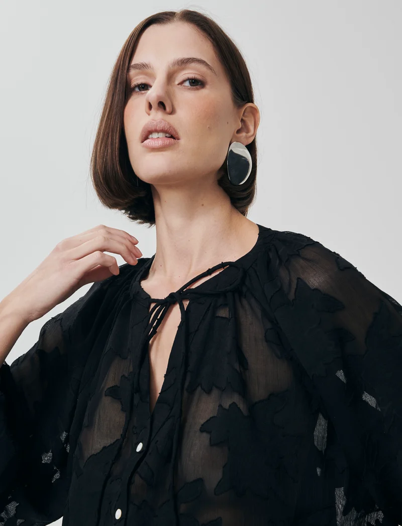 Blusa Manica Lunga con Bottoni Madreperla - Nero