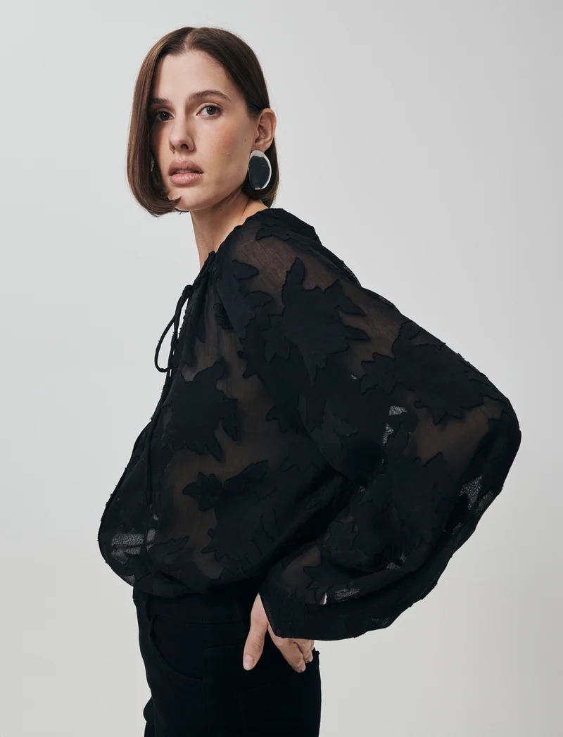 Blusa Manica Lunga con Bottoni Madreperla - Nero