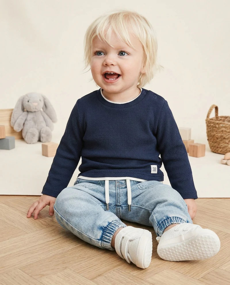 T-shirt manica lunga in tessuto waffle - Blu