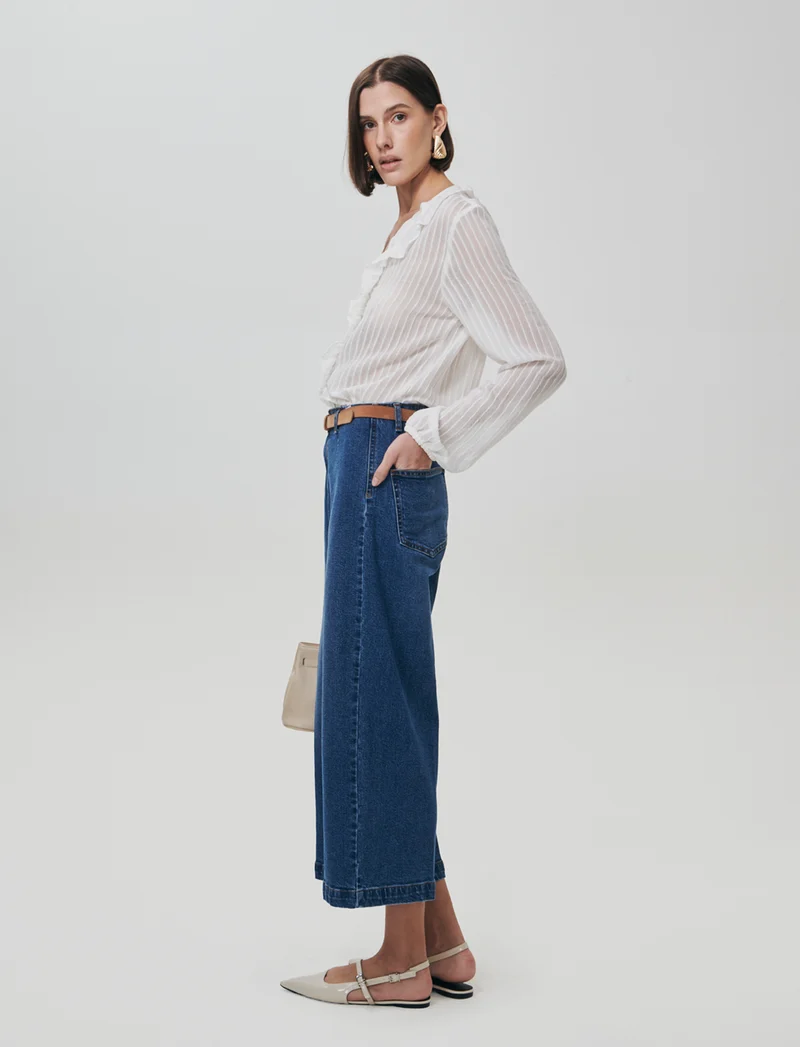 Jeans Gamba Larga con Cintura e Tasche - Denim