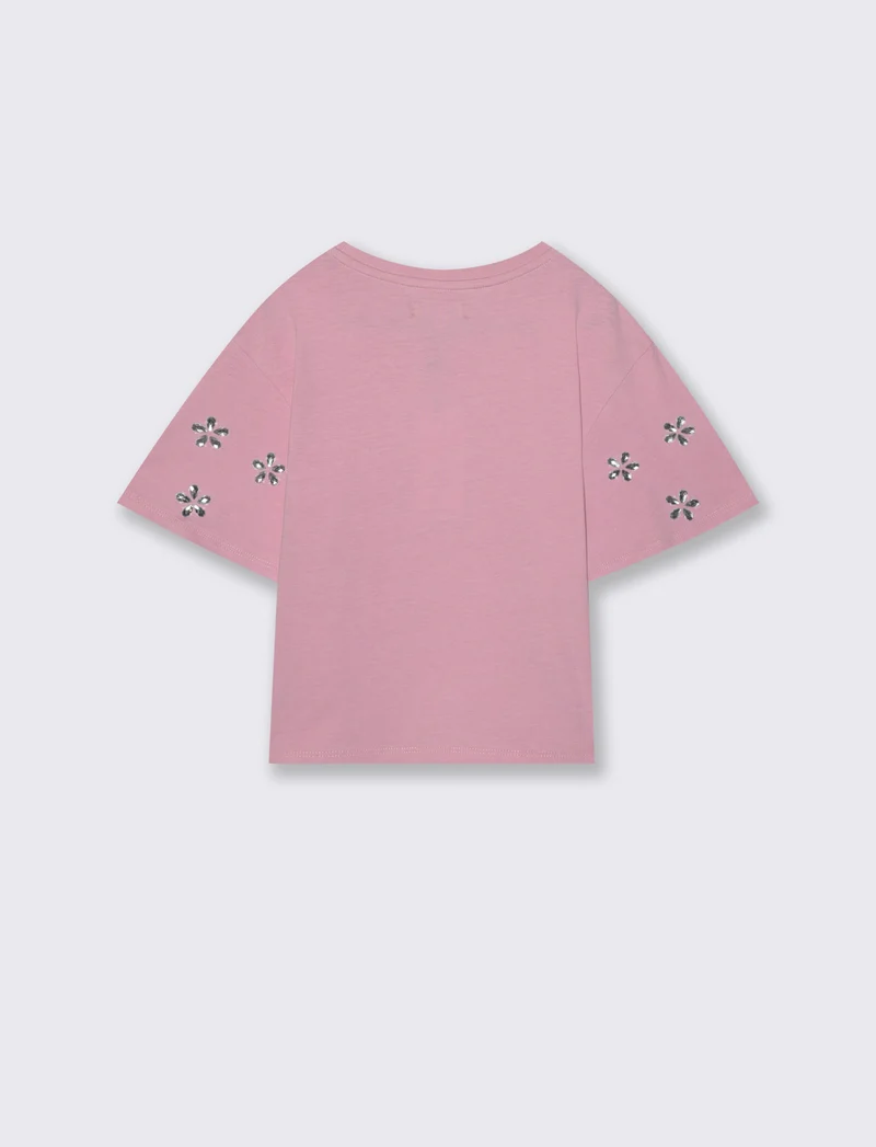 T-shirt ampia con pietre adesive e rib - Rosa